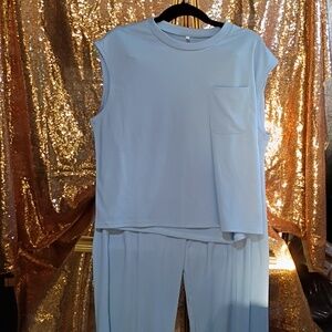 Light Blue Sleeveless Top with Pocket And Pants Set (FITS LIKE LARGE)